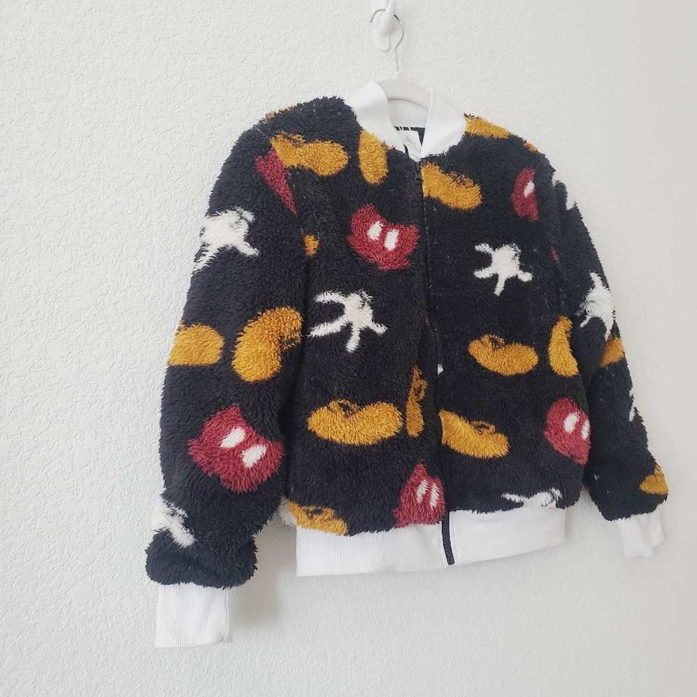 Disney Store Black Mickey Soft Teddy Fleece Zip Up Crop Bomber Sweater Jacket XS - Picture 15 of 15